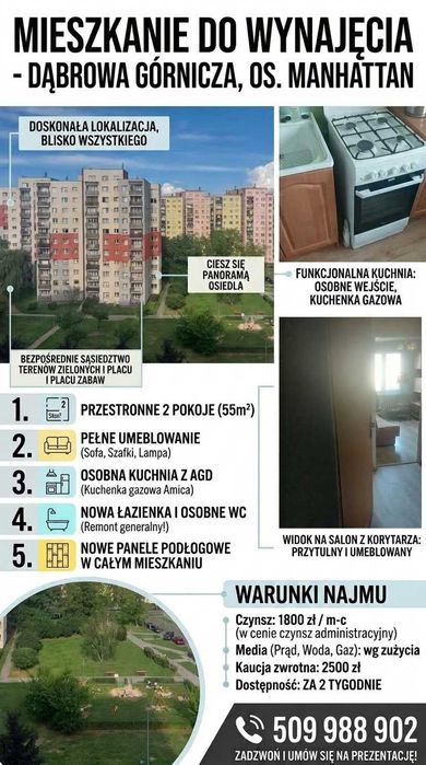 Do wynajęcia 2-pokojowe mieszkanie – Dąbrowa Górnicza, os. Manhattan  1800zł
