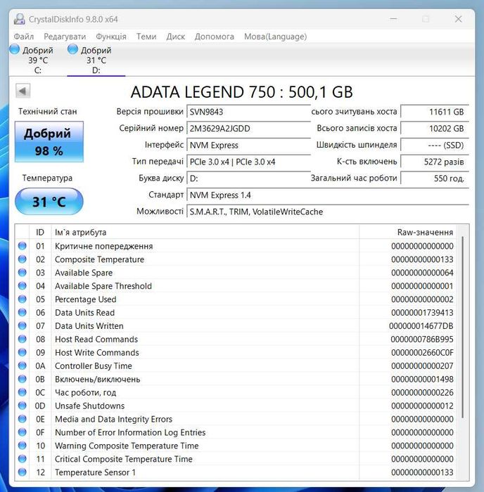 Накопичувач SSD ADATA LEGEND 750 500 GB (ALEG-750-500GCS)