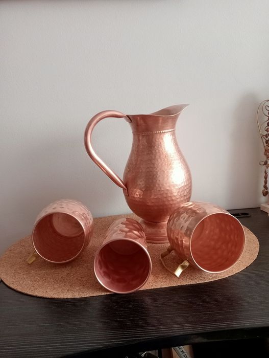 Indyjski Dzban  1450 ml ,2 kufle  500 ml ,1 kubek  naczynia z  miedzi