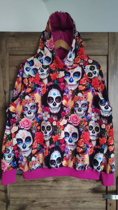 Bluza damska Handmade nowa z kapturem print kwiatowy Róże twarze