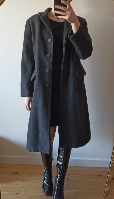 Grafitowy wełniany płaszcz klasyczny united colors of benetton