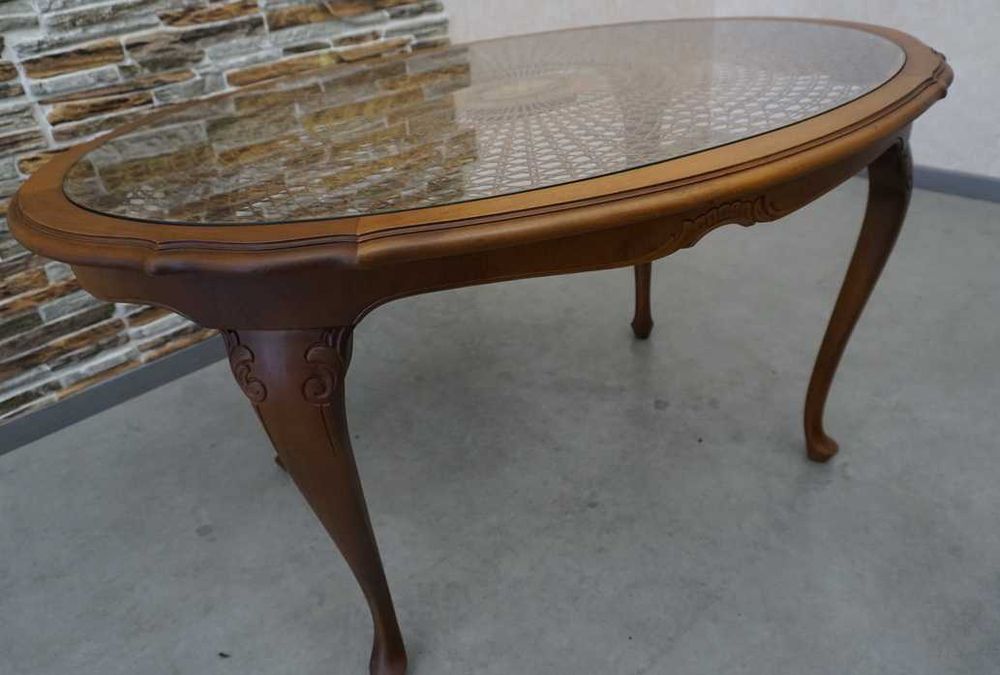 Ława Owalna Orzechowa Chippendalle z Rafią Szklany Blat szer. 118 cm  (L-221)