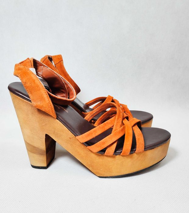 Sandały skórzane 36 na drewnianym obcasie platformie 23,5cm BD0088