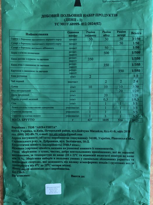 Сухий пайок ЗСУ (ДПНП) — Добовий польовий набір продуктів
