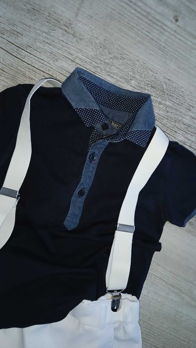 Next elegancki zestaw dla chłopca polo spodnie szelki 86 92