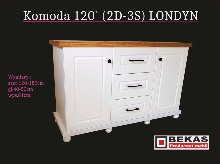 Biała Komoda LOFT 120` Blat Dąb Naturalny Lakierowany Producent BEKAS