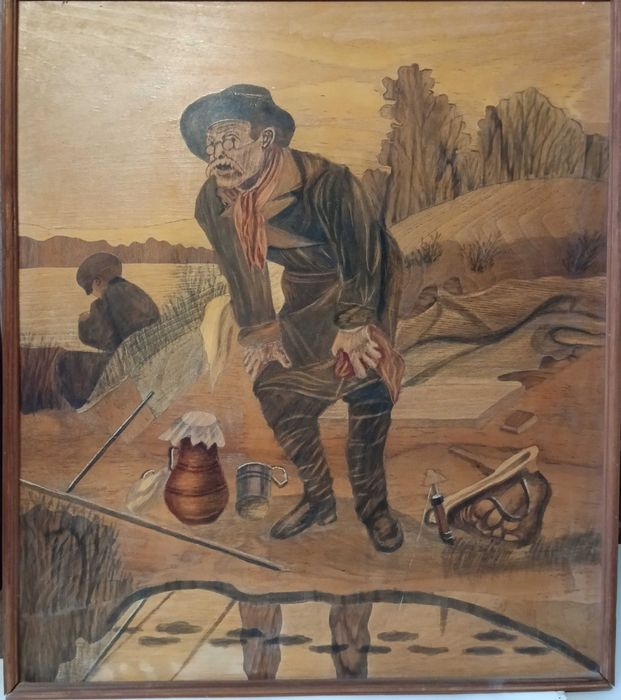 Картина-маркетри  «Рыболов» Перова В. , 1970-80гг