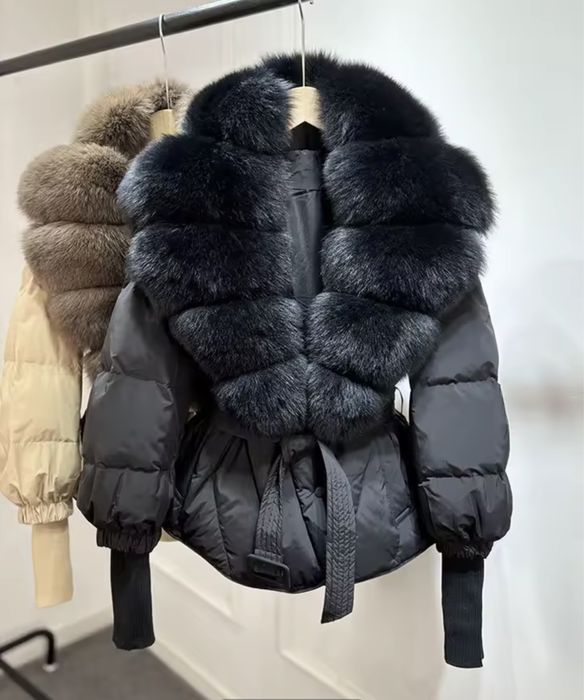Kontantto kurtka puchowa czarna z czarnym futrem lisa nowosc xs-44