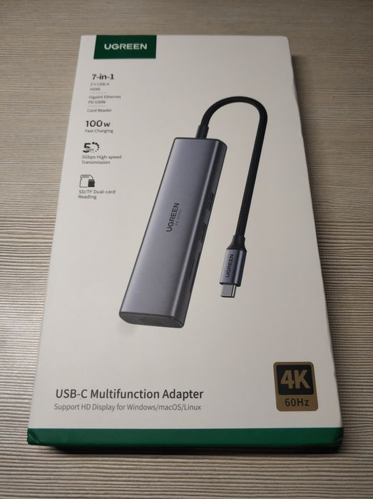 Ugreen USB hub 7 in 1 Type-C: HDMI 4K 60Hz, RJ45, PD 100W, картридер