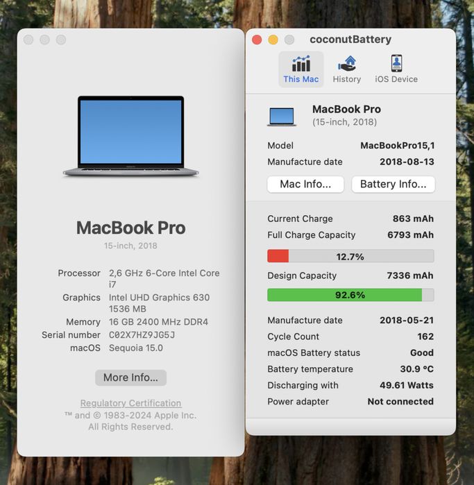 Macbook pro 15 2018 / 2019 i7 / 16gb / 512gb/ Radeon Pro 4 ГБ 92% АКБ