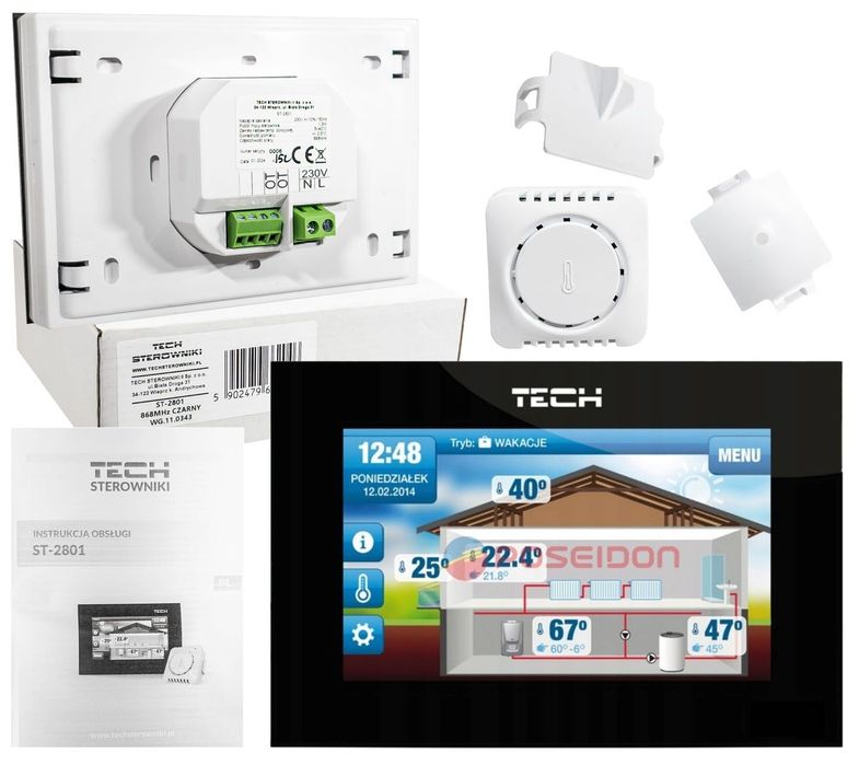 Sterownik regulator pokojowy przewodowy czarny st-2801 open therm TECH