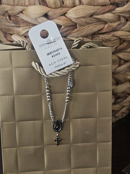 Conjunto em aço prateado colar e pulseira Nossa Senhora de Fátima