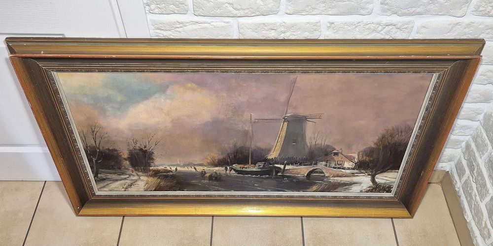 Duży obraz olej na płótnie Wiatrak Młyn zimą sygnowany vintage