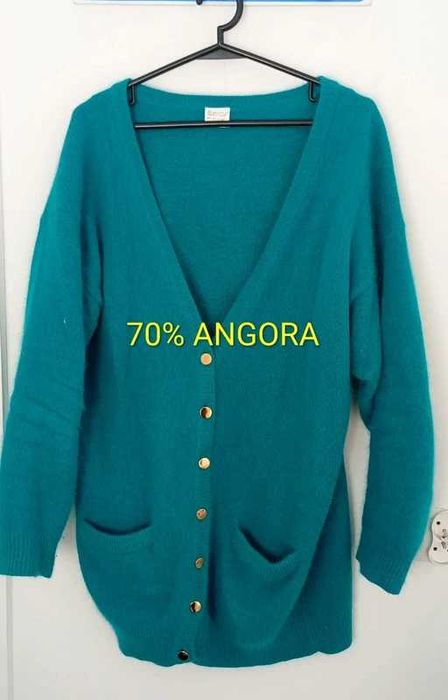 Kardigan 70% angora ciepły piękny turkusowy puszek złote guziki 46 44
