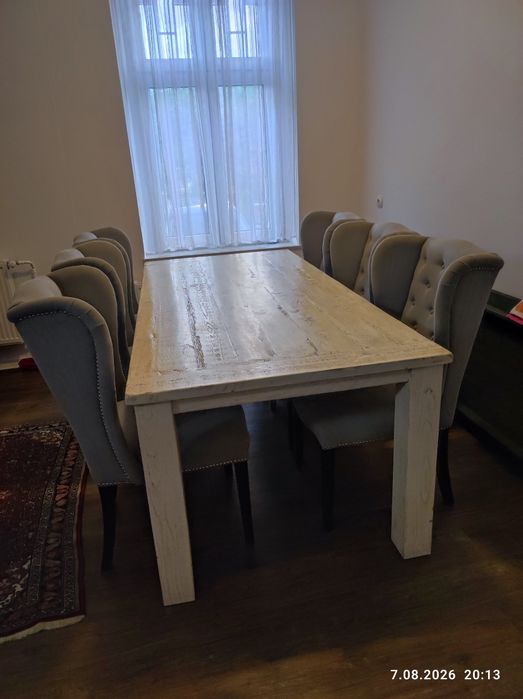 Stół drewniany XXXL bielony 220 cm x 100 cm  i 6 ciężkich krzeseł