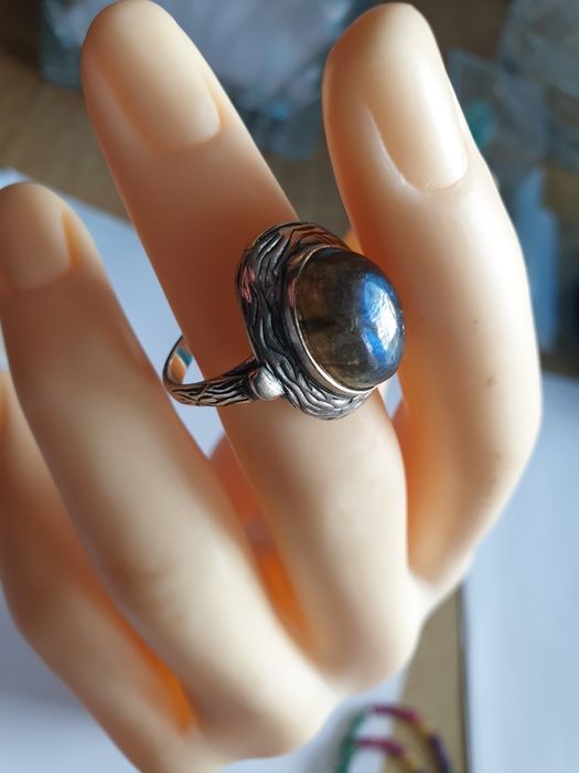 Srebrny duży pierścionek labradoryt srebro rękodzieło