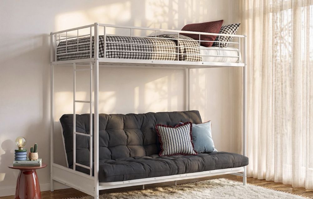 Cama mezzanine 90x190 cm com sofá convertível em metal branco.  Tamanho (colchão):  90 x 190 cm Número de lugares:  1 lugar Sem colchão Com estrado.