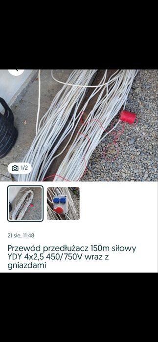 Przewód przedłużacz 150m siłowy YDY 4x2.5 450/750V + gniazda