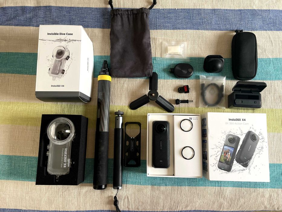 insta 360 x4 + official invisible dive case + vários accessórios