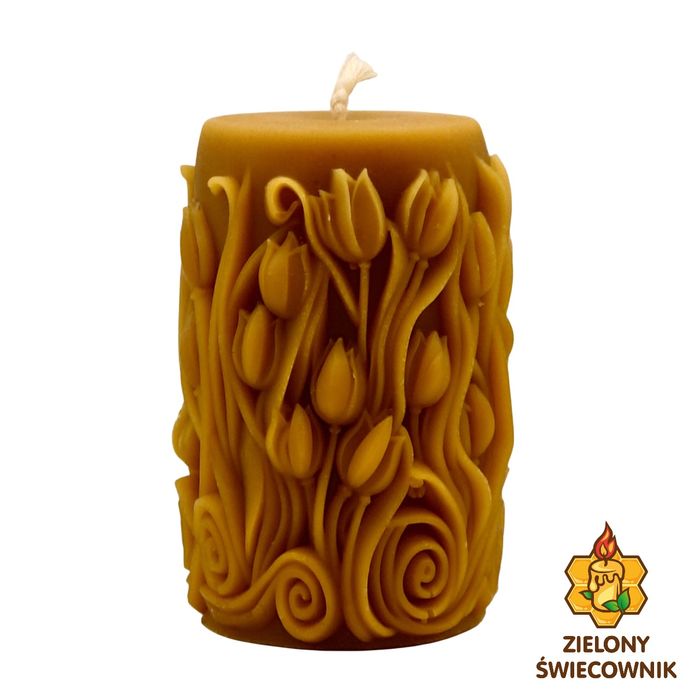 Świeca z naturalnego wosku pszczelego Tulipany Zielony Świecownik