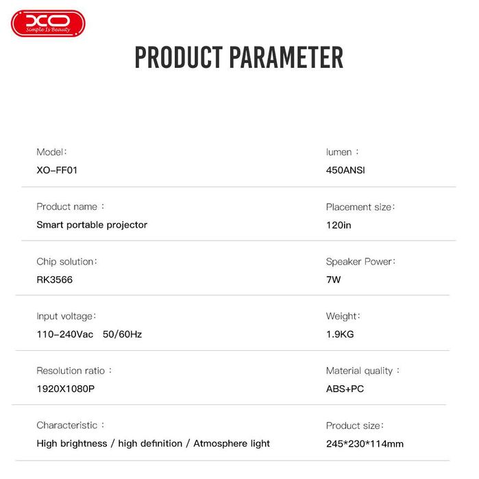 XO projektor FF01 120" 1080P USB Wifi Netflix Disney YouTube Sklep Wwa