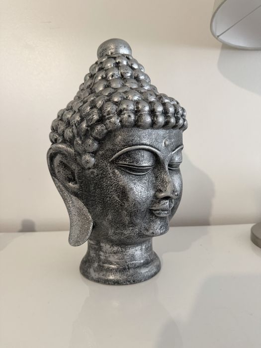Estátua Cabeça de Buda Decorativa - Cinza/Prateado