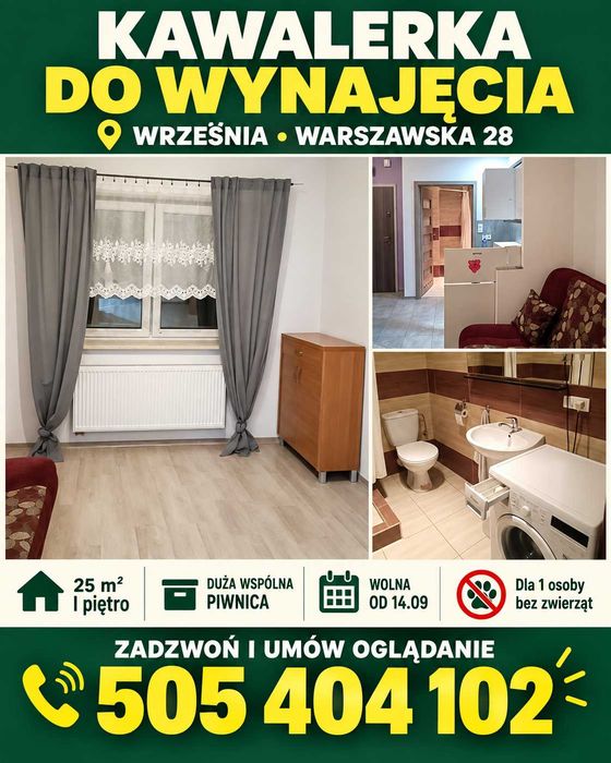 Kawalerka 25 m², Września | 1200 zł + media | Od zaraz | Duża wspólna piwnica