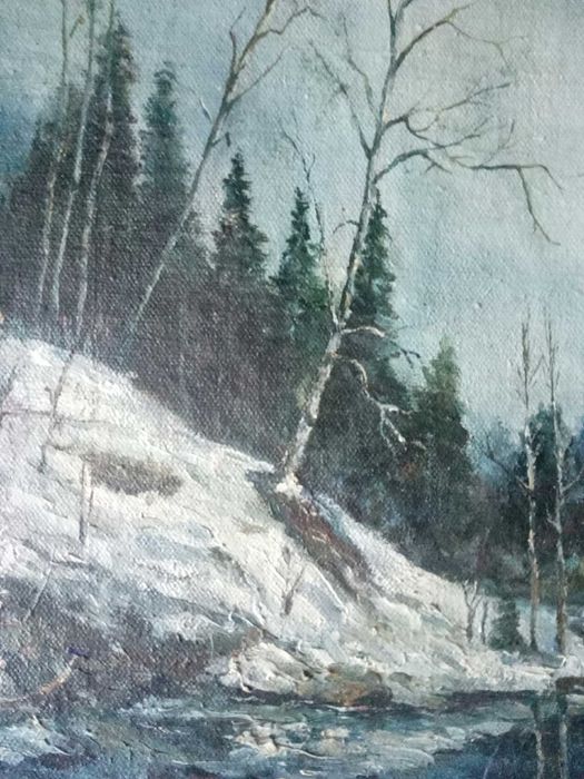 Старая картина,масло,зимний пейзаж