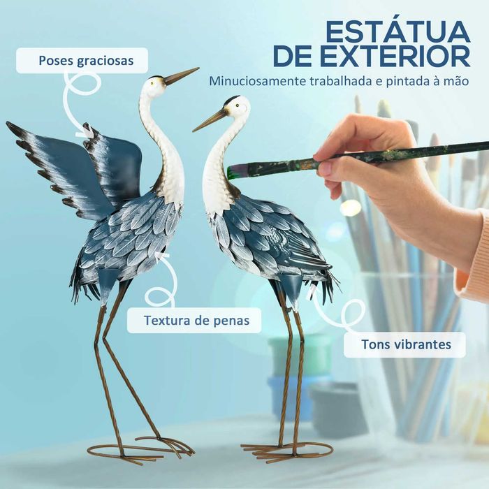 Conjunto de 2 Estátuas de Jardim de Cegonha em Aço Azul