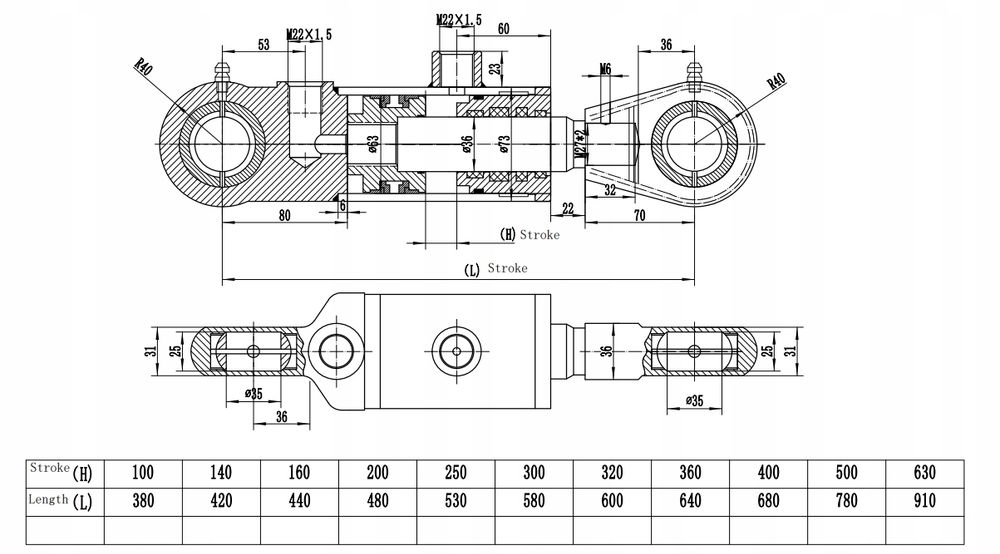 Siłownik Hydrauliczny 63/36 skok 160 U35 2-stronny