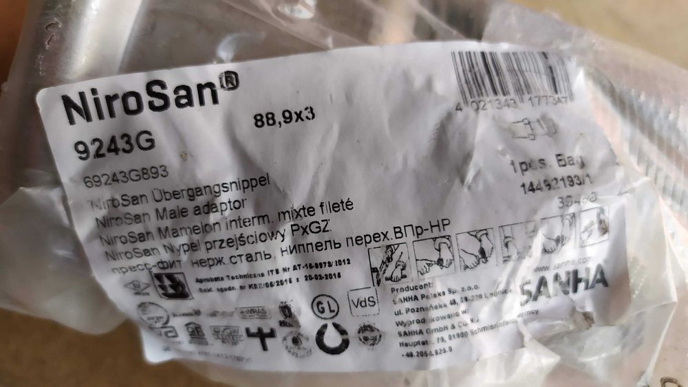 Przejściówka SANHA 18243G Stal nierdzewna 88,9mm x 3 cale