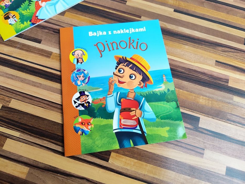 Kuferek bajek książeczki z naklejkami Pinokio kopciuszek czerwony kapt