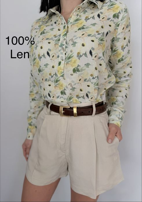 Blu lniana koszula z długim rękawem kwiatowy wzór 34 XS