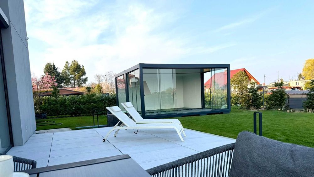 Ogród zimowy wolnostojący z podłogą , strefa relaksu , sauna , siłownia , pergola pawilon kontener