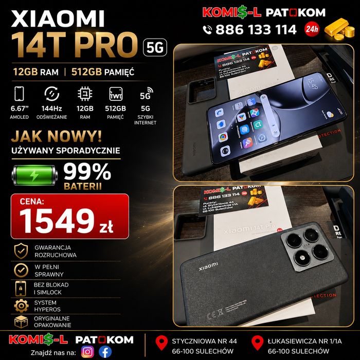 Xiaomi 14T Pro 12/512gb..Jak nowY full kompleT.. PAT-KOM
