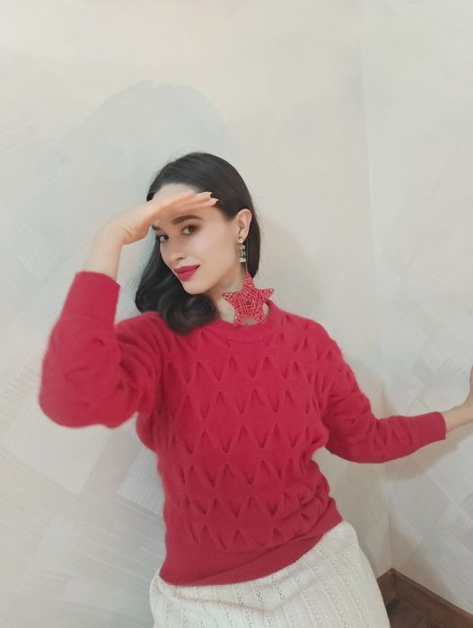 Gruby czerwony sweter Lambs wool angora rabbit hair knitwear