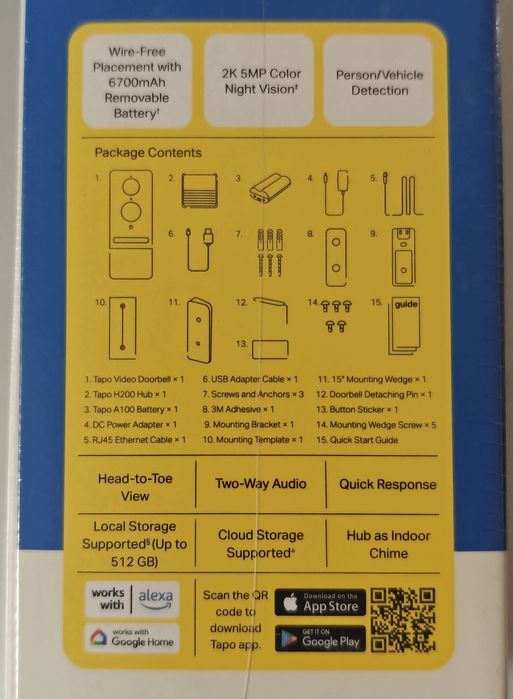TP-Link TAPO - Vídeo-Porteiro WiFi 2K (Bateria) + HUB + Campainha