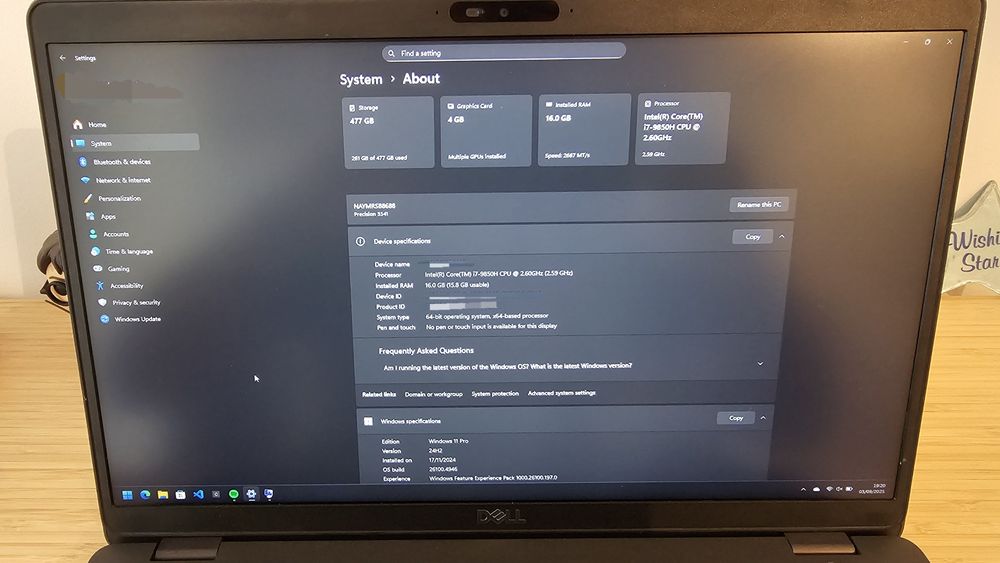 Dell Precision 3541 | Intel Core i7-9850H | 16 GB RAM | 475 GB SSD | W64740676644611122