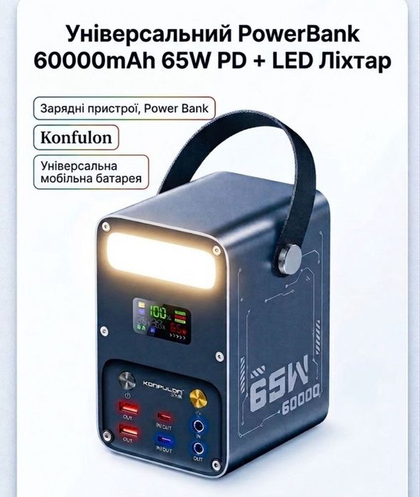Павербанк Konfulon 60000mAh(65w)Для зарядки ноутбуків та телефонів