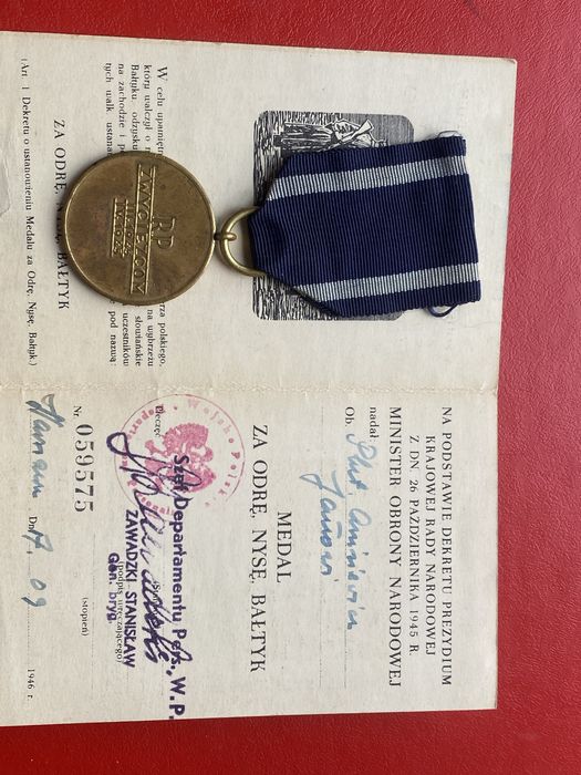 Za Odrę Nysę Bałtyk z nadaniem 1946 r.podpis Generał