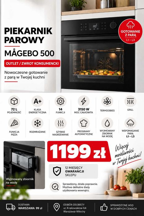 Piekarnik PAROWY  IKEA MÅGEBO 500 Duża pojemność Czarny Szklany Gwarancja