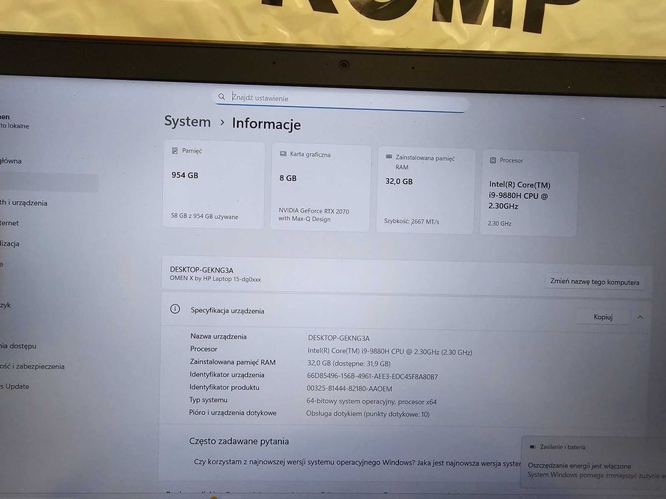 Laptop Gamingowy HP Omen X 15/i9-9880H/32GB/512+512GB/RTX2080/Bioskomp