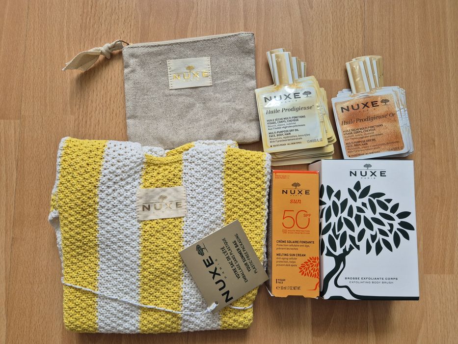 Nuxe spf50 krem, szczotka, torba, olejek, kosmetyczka