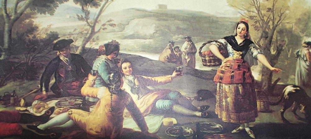 Reproduçao texturizada em tela (canvas)anos 70-50x40cm  "Piquenique às margens do Manzanares" (La merienda a orillas del Manzanares),por Goya