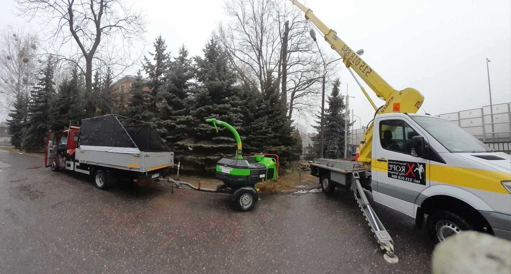 Wycinka drzew, Podnośnik koszowy, rębak, montaż reklam, zrębki,