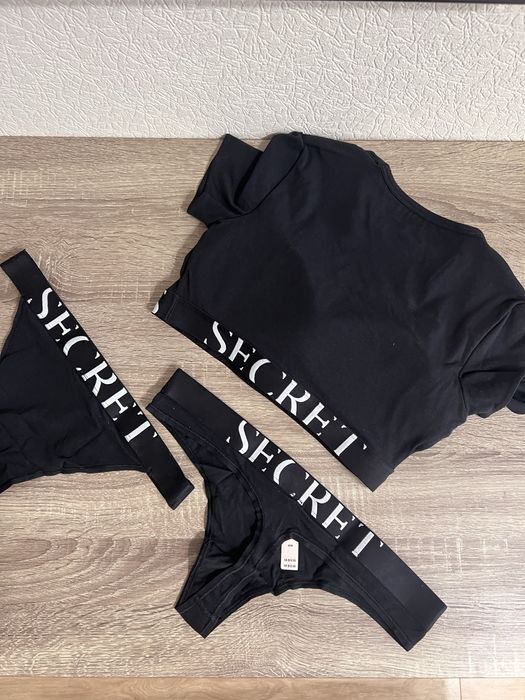 Набір Victoria’s Secret кроп топ трусики чорний та леопардовий