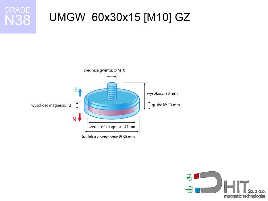 UMGZ 60x30x15 [M10] GZ [N38] to silny magnetyczny uchwyt 1 szt.