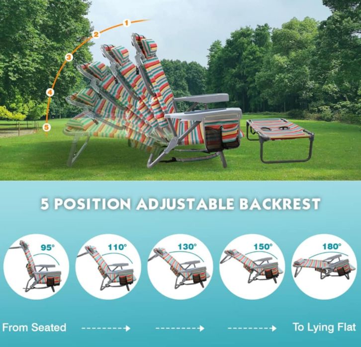 Składany fotel plażowy 5-pozycyjny z torbą chłodzącą i  stolikiem na k