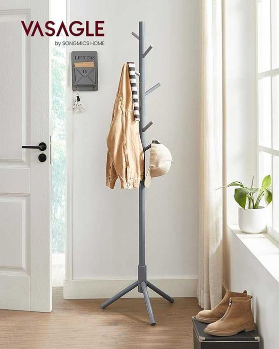 VASAGLE Wieszak na ubrania z litego drewna szary