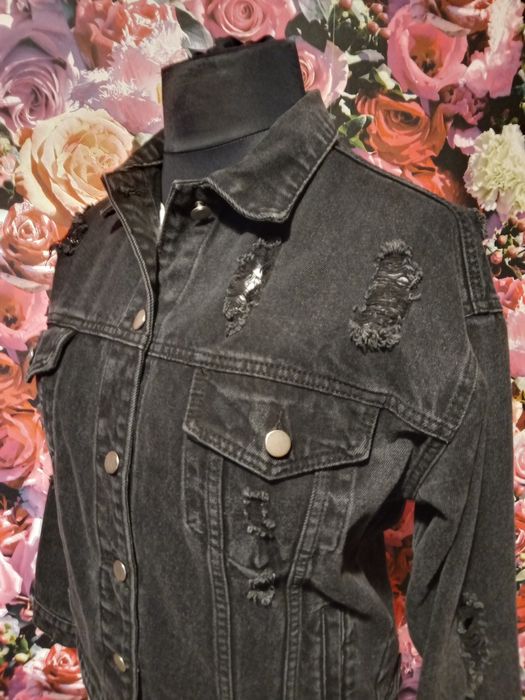 Katana kurtka jeansowa czarna oversize z przetarciami shein M
